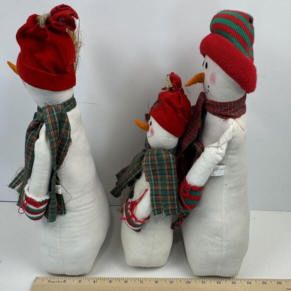 Vintage 1997 Set Of 3 Cotton Snowman Shelf Sitters Holiday Plaid Scarves 13"-16" - Picture 13 of 14